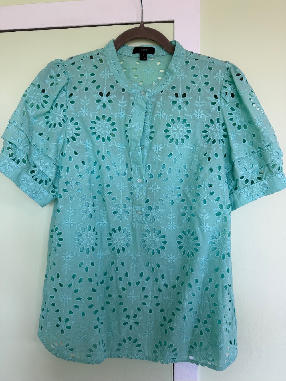 J. Crew Mint Eyelet Short-Sleeve Blouse Small